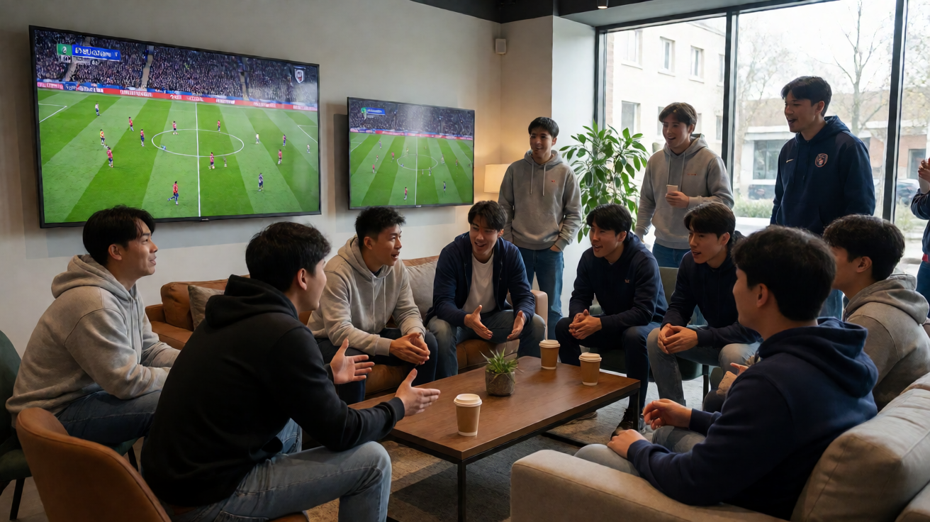 球迷们聚集在一起观看比赛并热烈讨论的社区氛围场景
