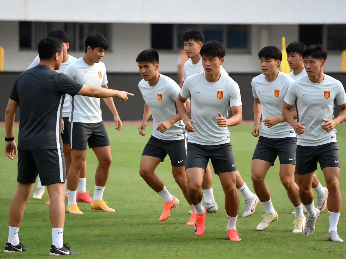 足球运动员在训练场上进行战术演练，教练在场边指导